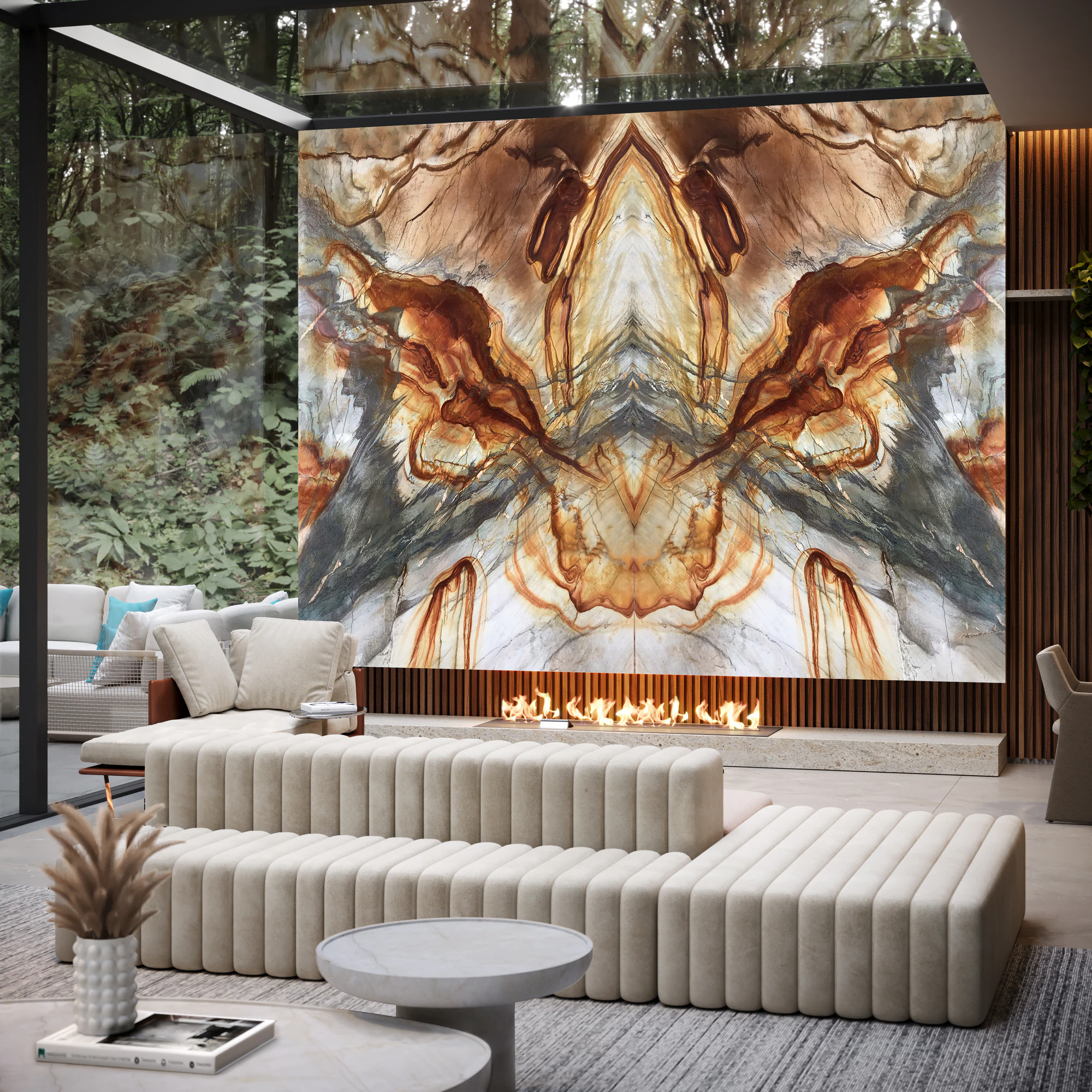 Sala de estar com painel de pedra espelhada em tons terrosos