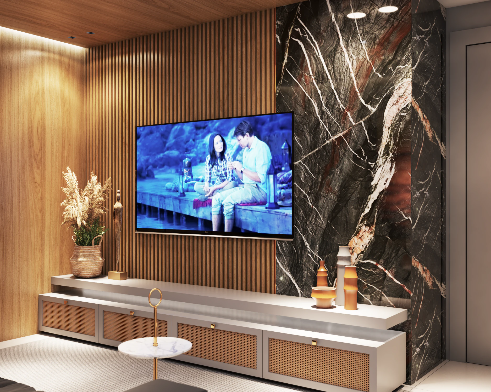 Painel de TV com revestimento em pedra escura com veios