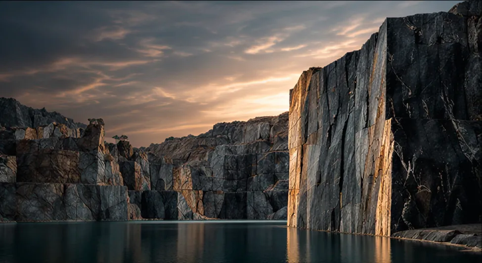 Paredão de rocha de uma pedreira refletido na água ao pôr do sol