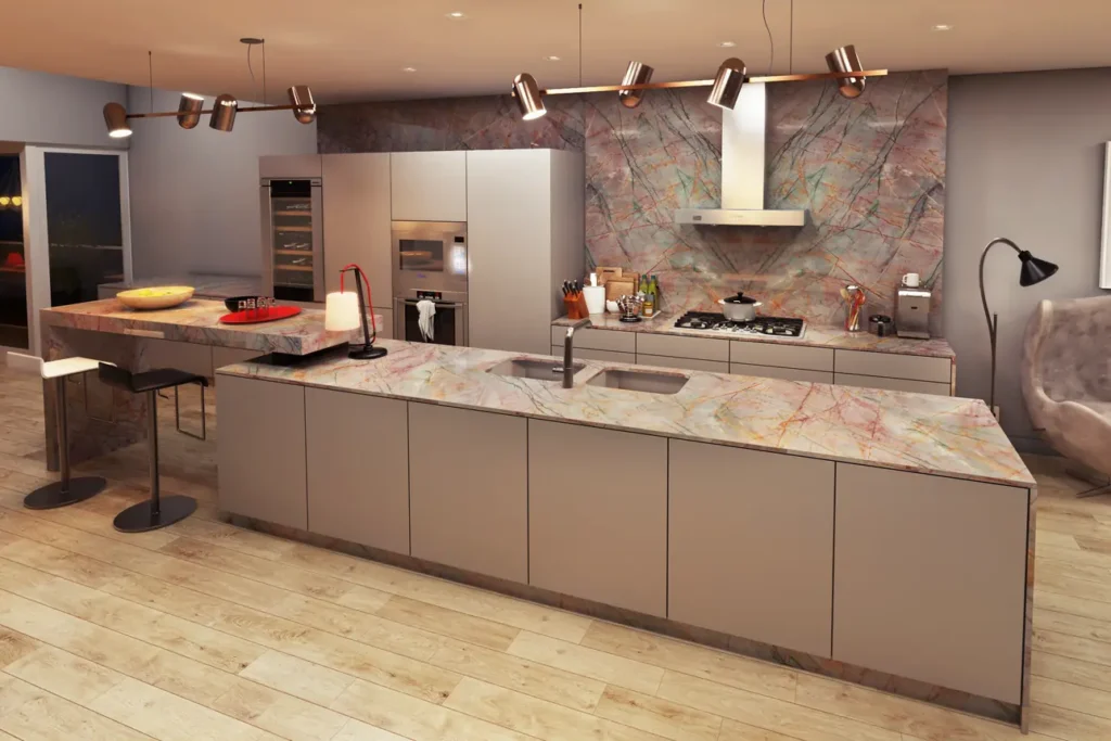 Cozinha com ilha e painel em quartzito Aurora Borealis