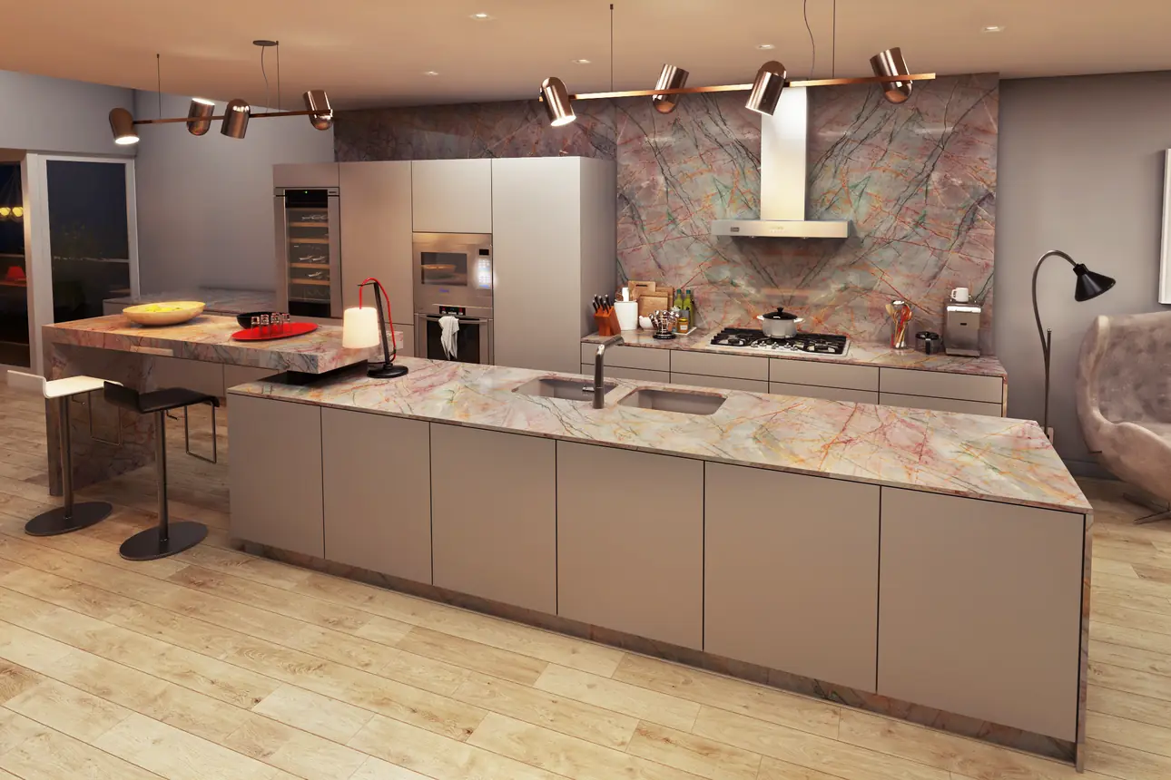 Cozinha com ilha e painel em quartzito Aurora Borealis