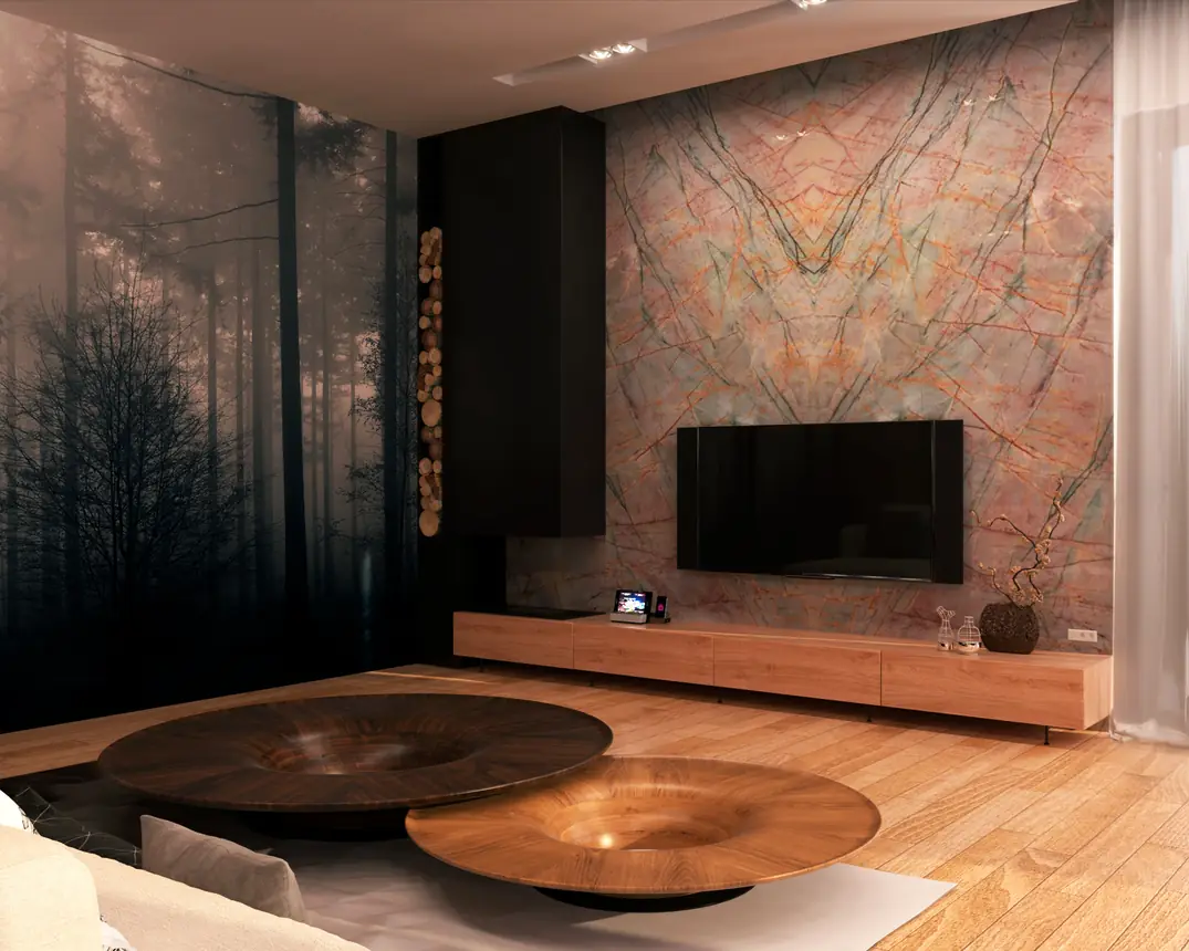 Painel de TV revestido em quartzito Aurora Borealis