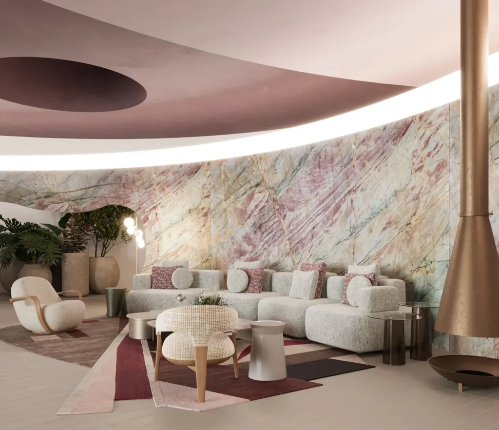 Sala de estar com parede curva revestida em quartzito Aurora Borealis