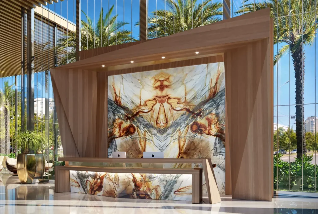 Área externa com painel em quartzito Botanic Blue