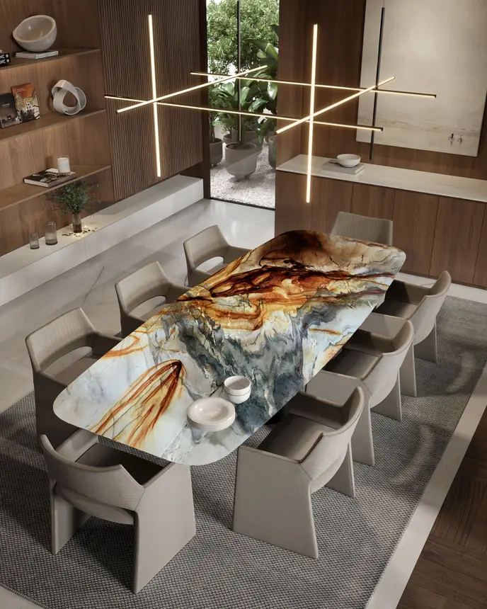 Mesa de jantar com tampo em quartzito Botanic Blue