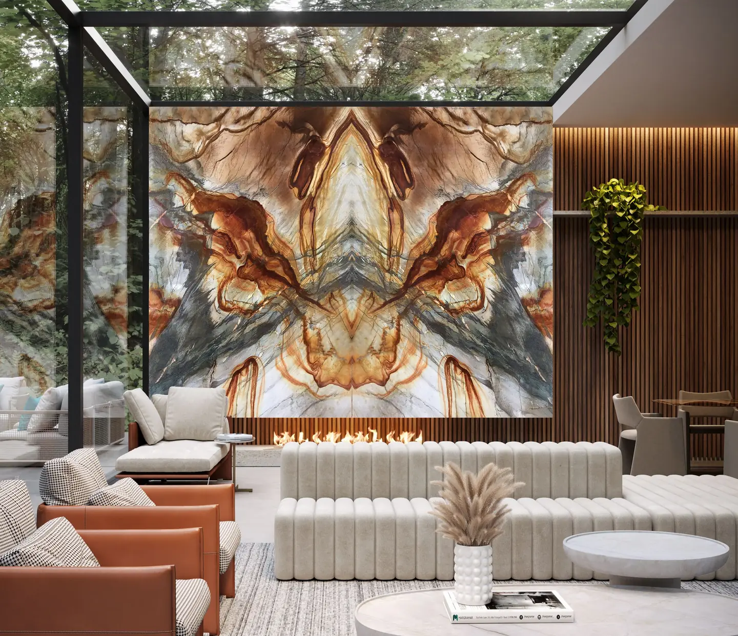 Sala de estar com painel em quartzito Botanic Blue