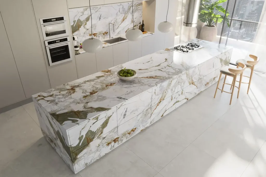 Cozinha americana com ilha em Calacatta Matarazzo X