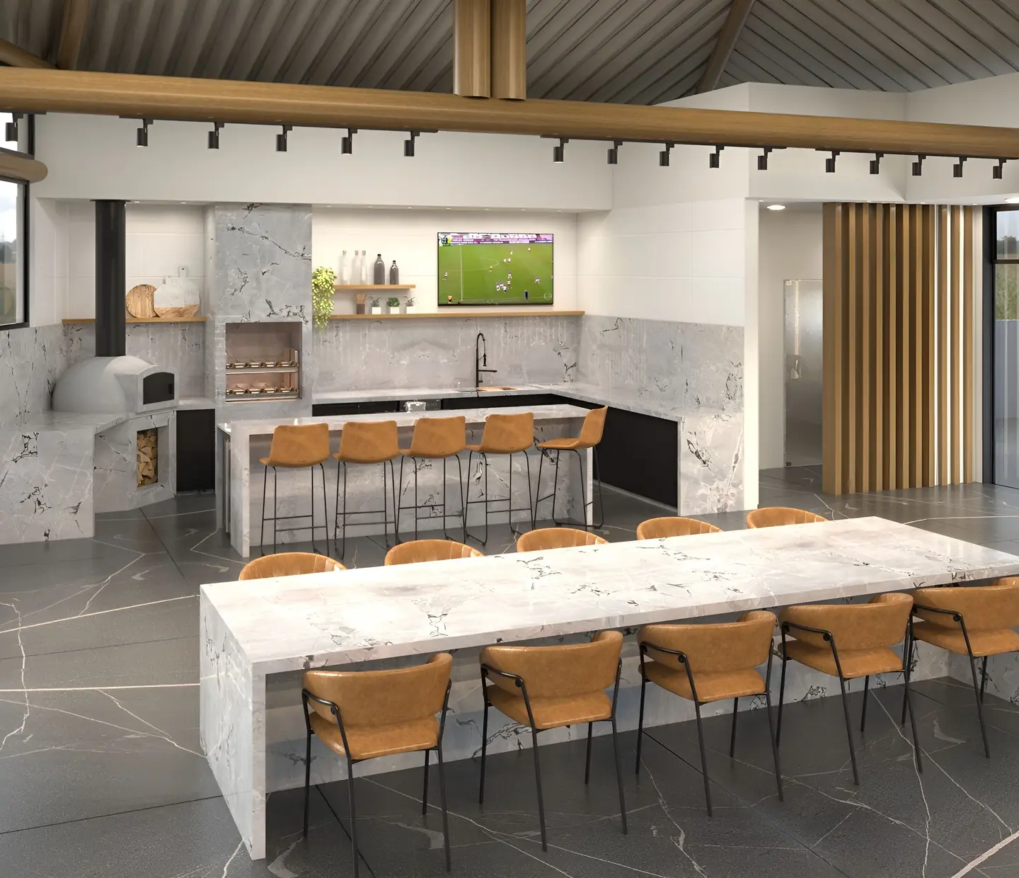 Área gourmet com ilha e bancadas em mármore dolomítico Calacatta Vaticano