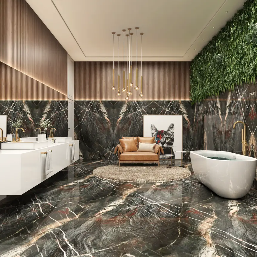 Sala de banho com piso e paredes em quartzito Crytos