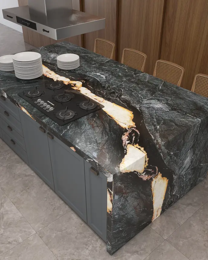Detalhe de bancada em quartzito Crytos