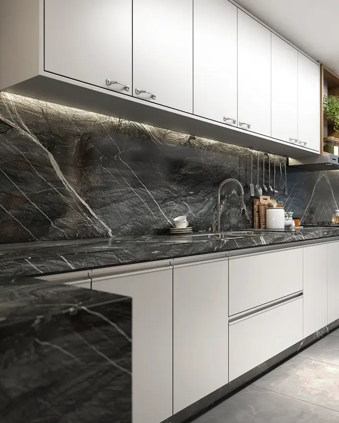 Cozinha com bancada e parede em quartzito Crytos TC