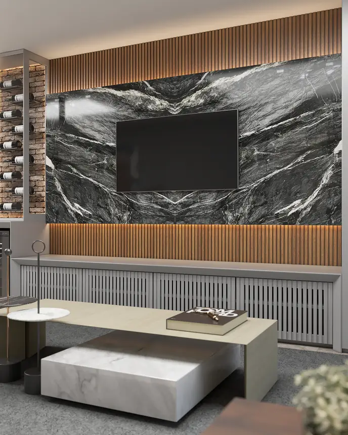 Sala com painel de TV em quartzito Crytos TC