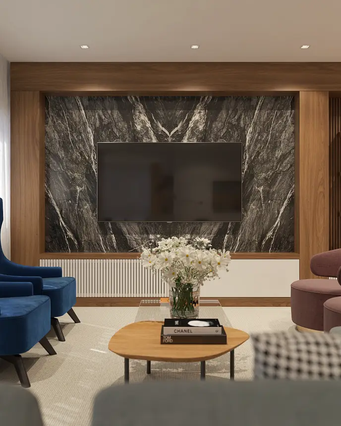 Sala com parede revestida em quartzito Crytos TC