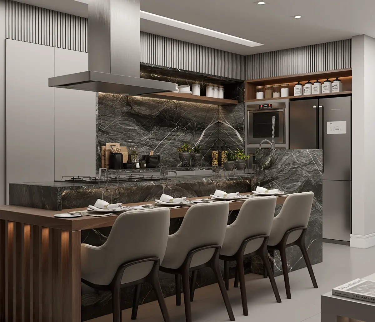 Cozinha americana com bancada e painel em quartzito Crytos TC