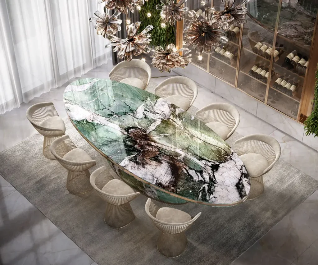 Mesa de jantar com tampo em quartzito Fuchsite Crystal