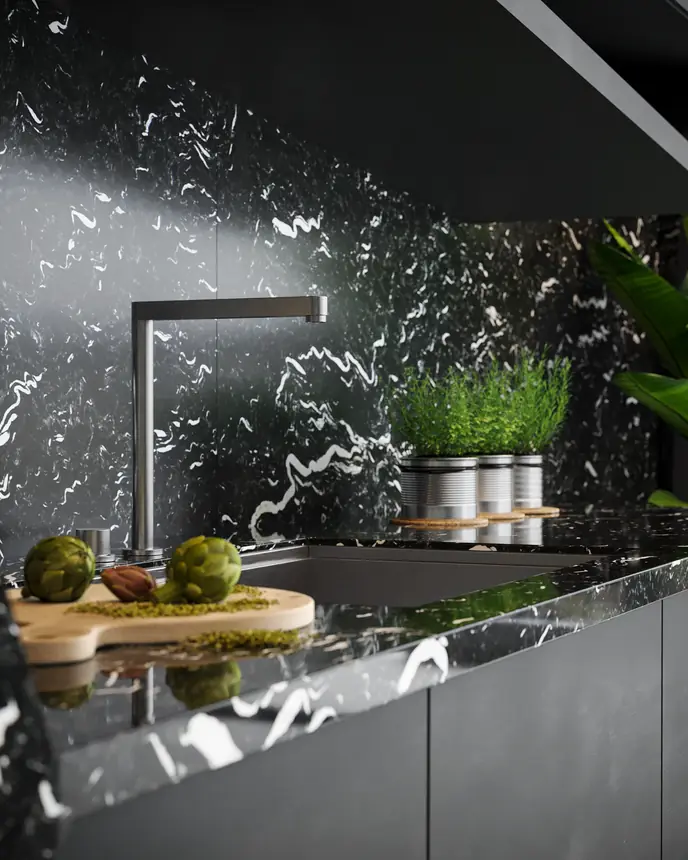 Detalhe de cuba e revestimento em granito Laguna Black