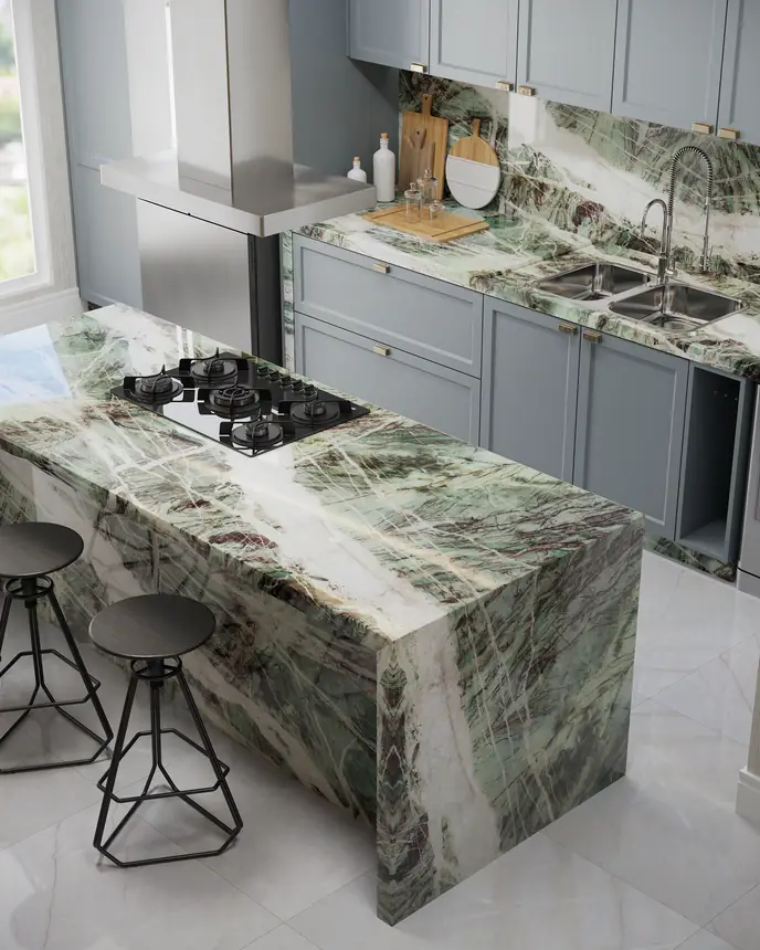 Cozinha americana com ilha em quartzito Moldavite Crystal
