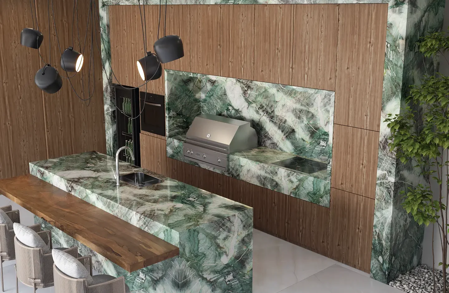 Área gourmet com bancada em quartzito Moldavite Crystal