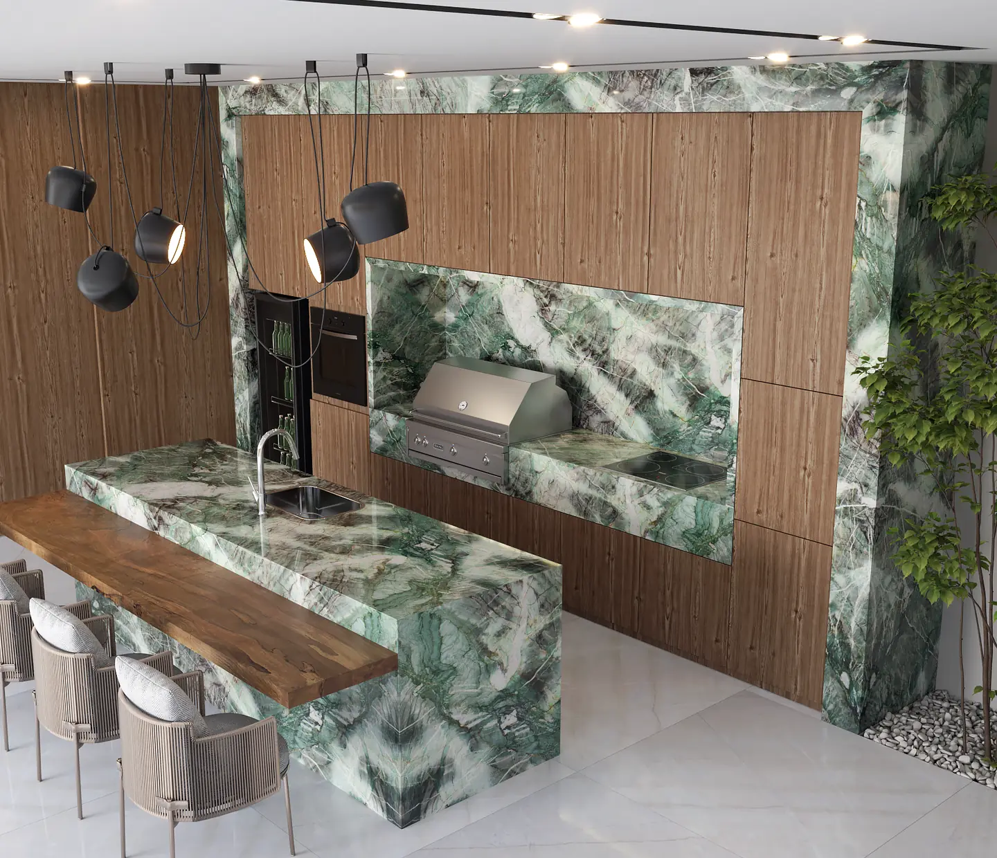 Área gourmet com bancada em quartzito Moldavite Crystal