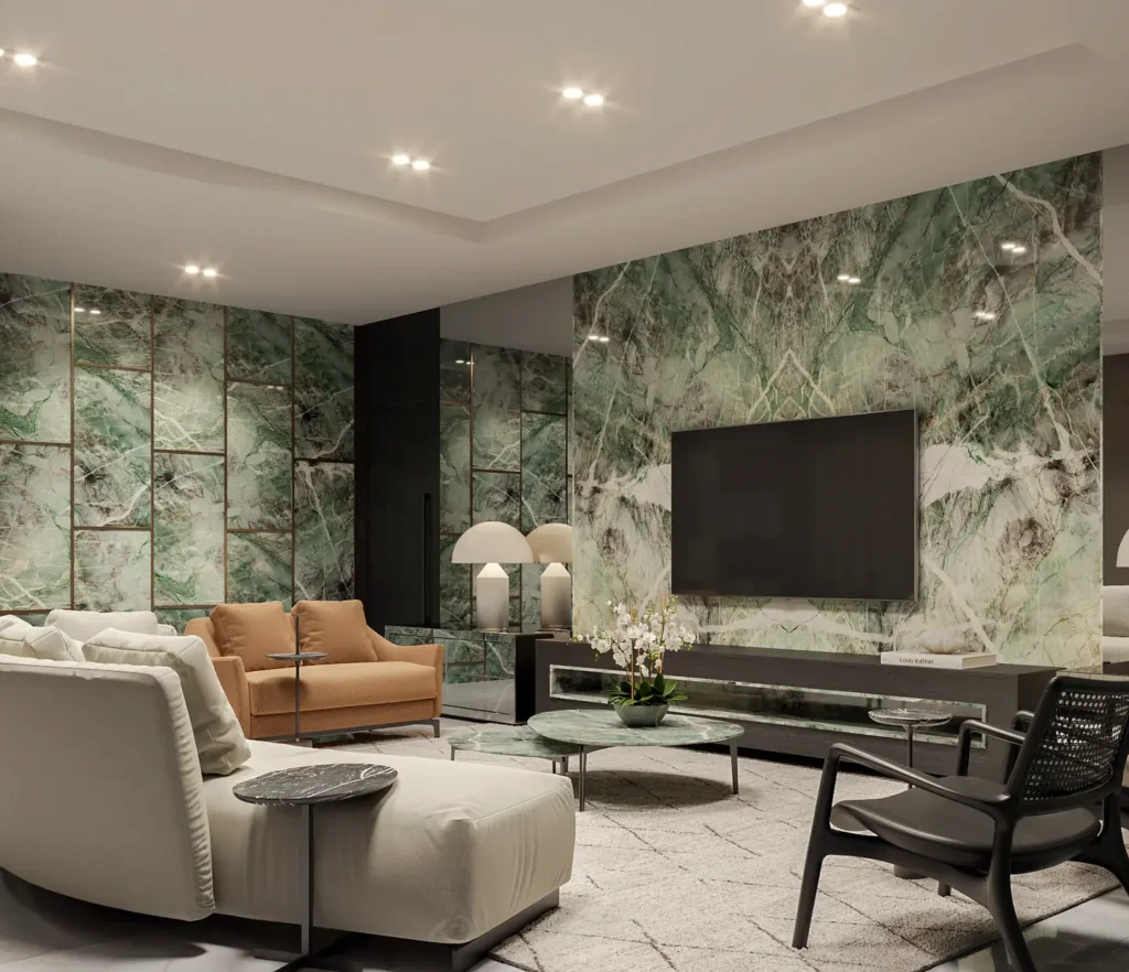 Sala de estar com paredes em quartzito Moldavite