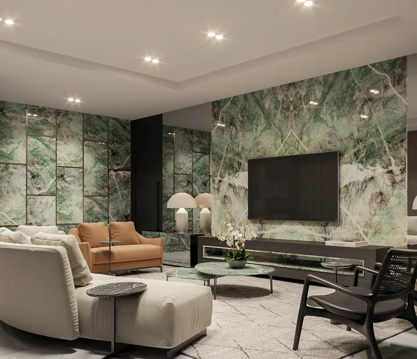 Sala de estar com paredes em quartzito Moldavite