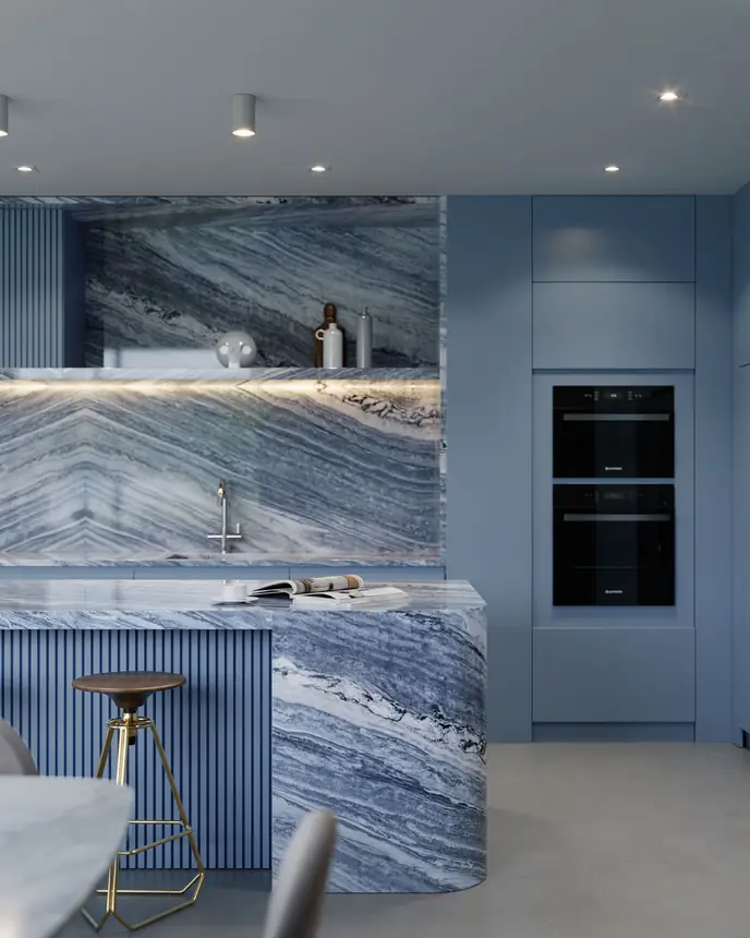 Cozinha com bancadas e painel em quartzito Stratus Blue
