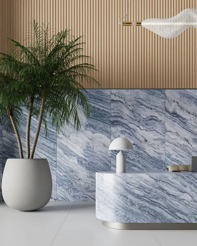 Detalhe de recepção revestida em quartzito Stratus Blue