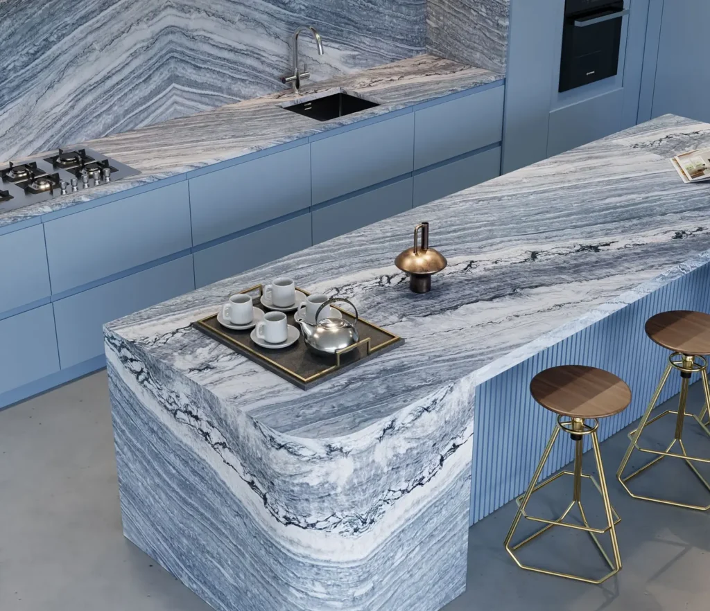 Cozinha com ilha em quartzito Stratus Blue