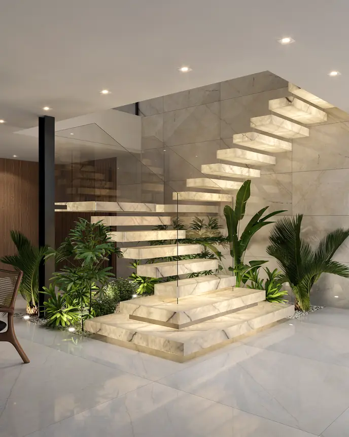 Escada com degraus em quartzito Zurich em meio a um jardim interno
