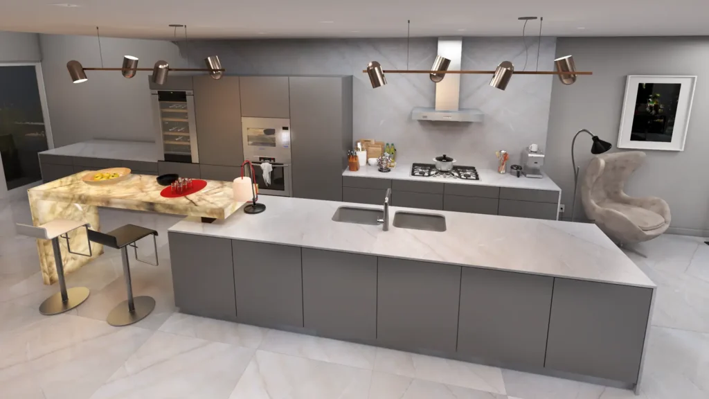 Cozinha com ilha e bancadas em quartzito Zurich
