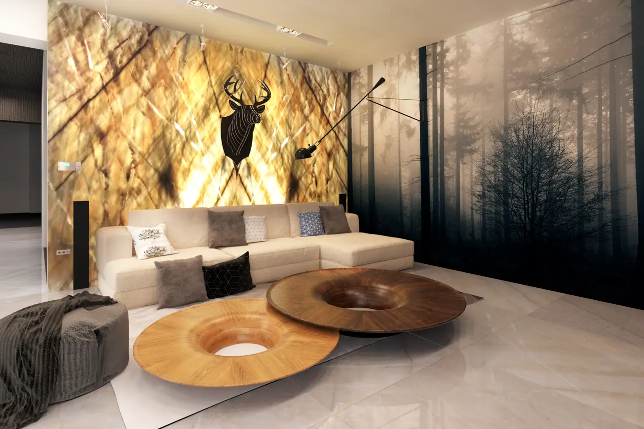 Sala de estar com parede de quartzito Zurich retroiluminado